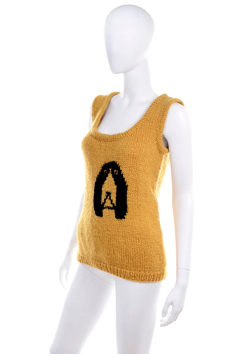 1970's Emilio Lapi Mustard Knit Novelty Dog Sweater Vest