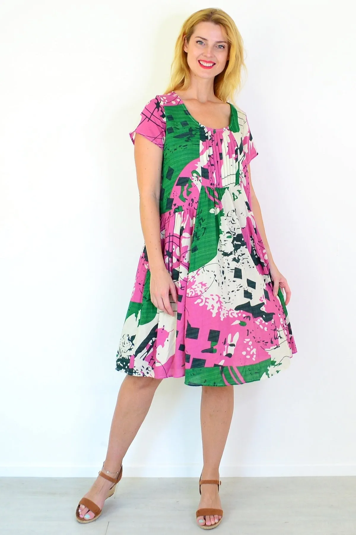 Abstract Pink Green Peasant Tunic Dress