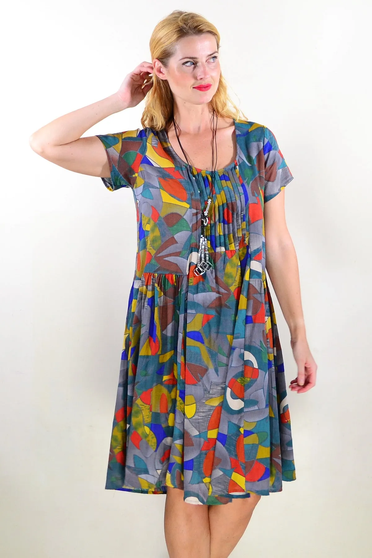 Colourful Grey Pintuck Pleats Tunic Dress