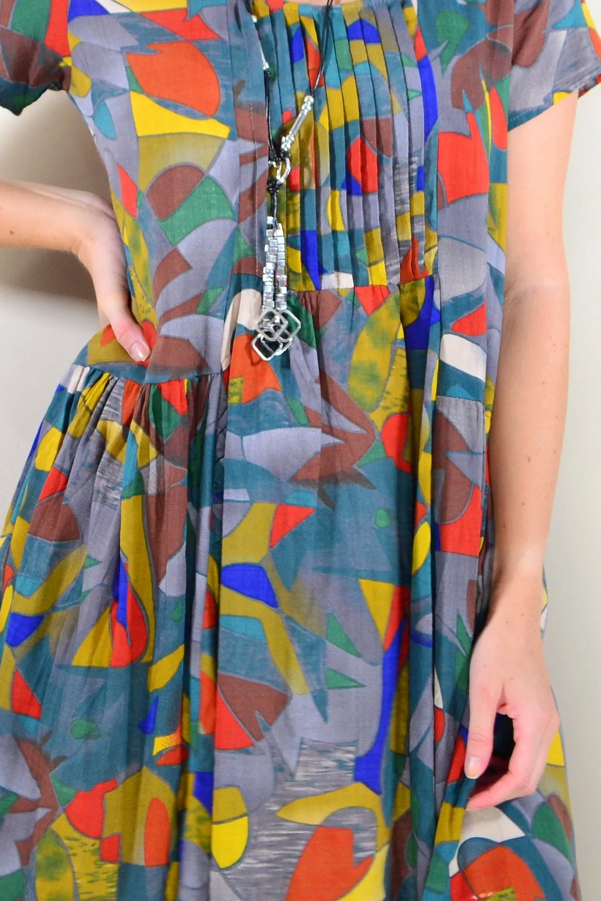 Colourful Grey Pintuck Pleats Tunic Dress