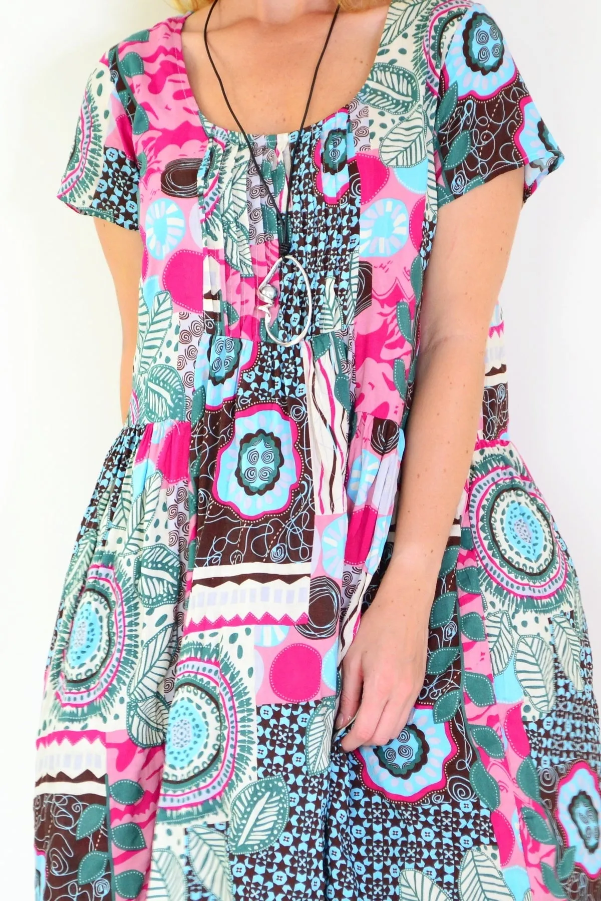 Colourful Pintuck Pleats Tunic Dress