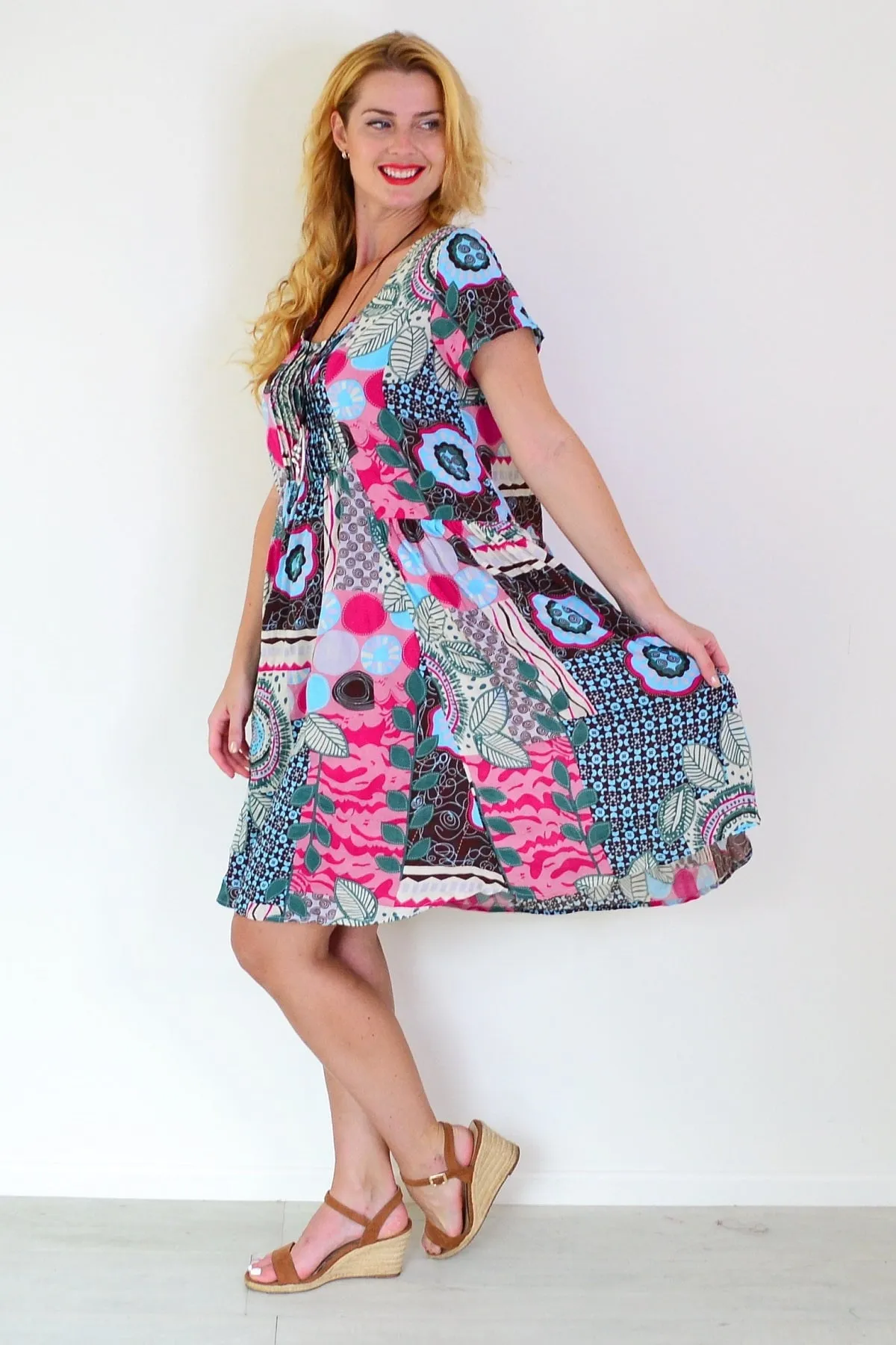 Colourful Pintuck Pleats Tunic Dress