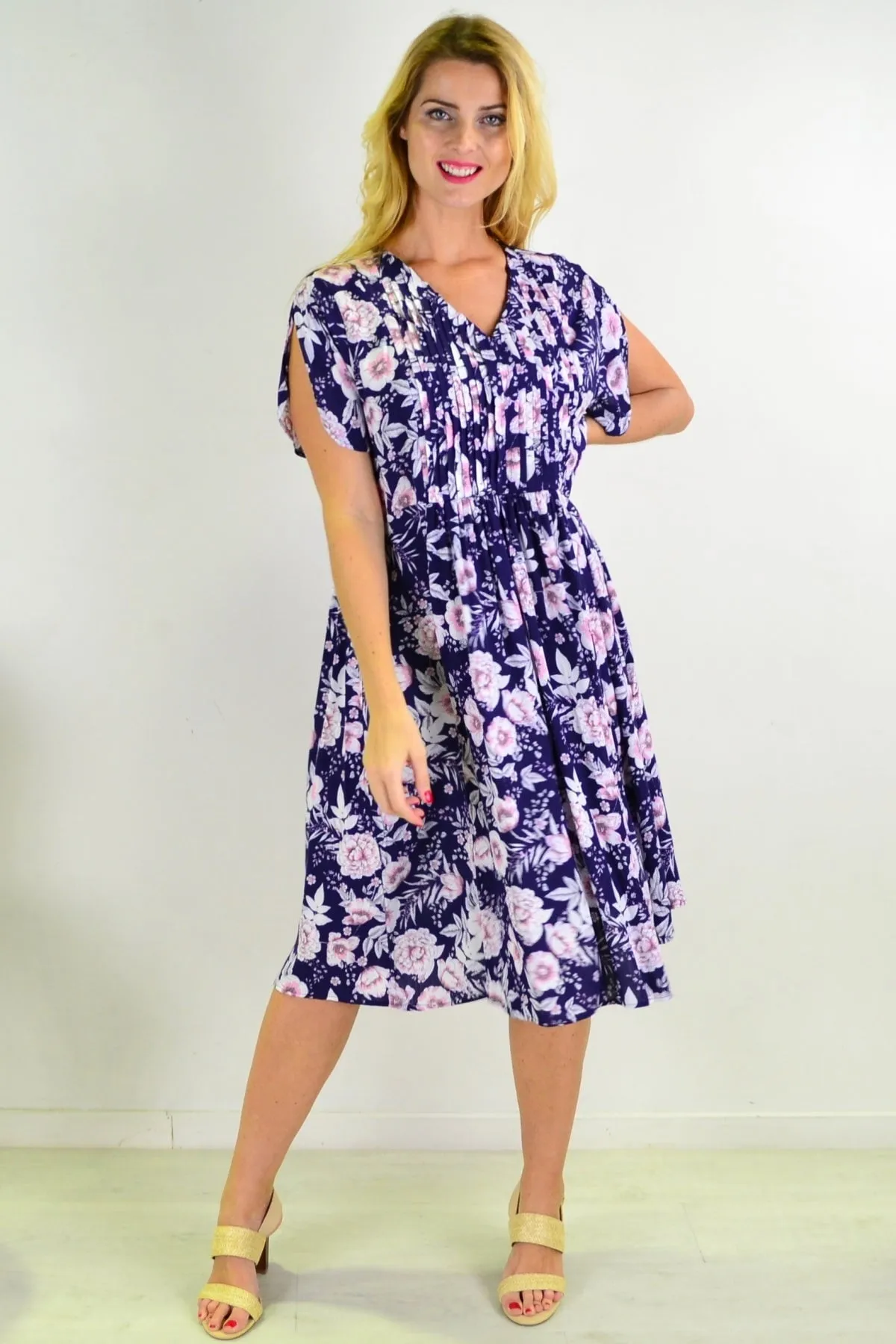 Deep Blue Carnation Flower Shift Dress Tunic