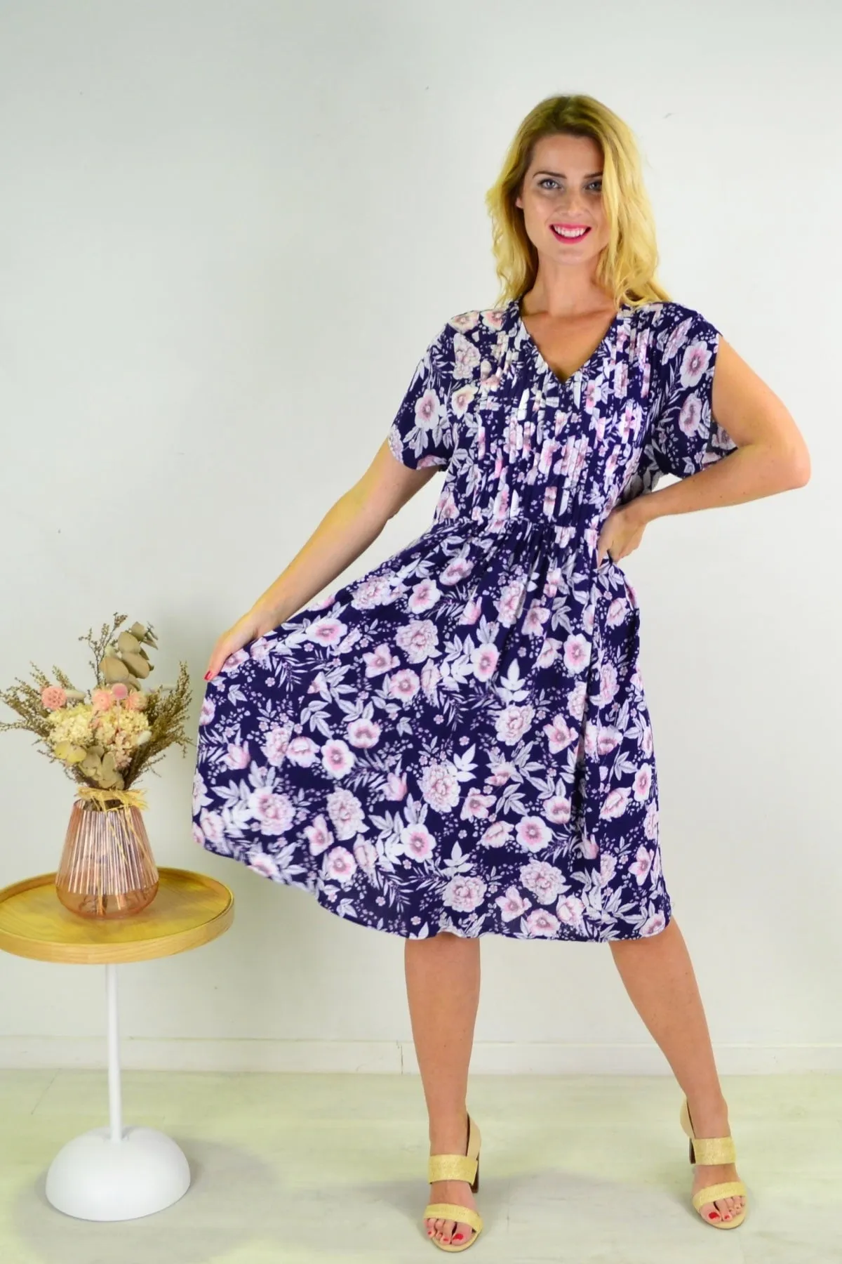 Deep Blue Carnation Flower Shift Dress Tunic
