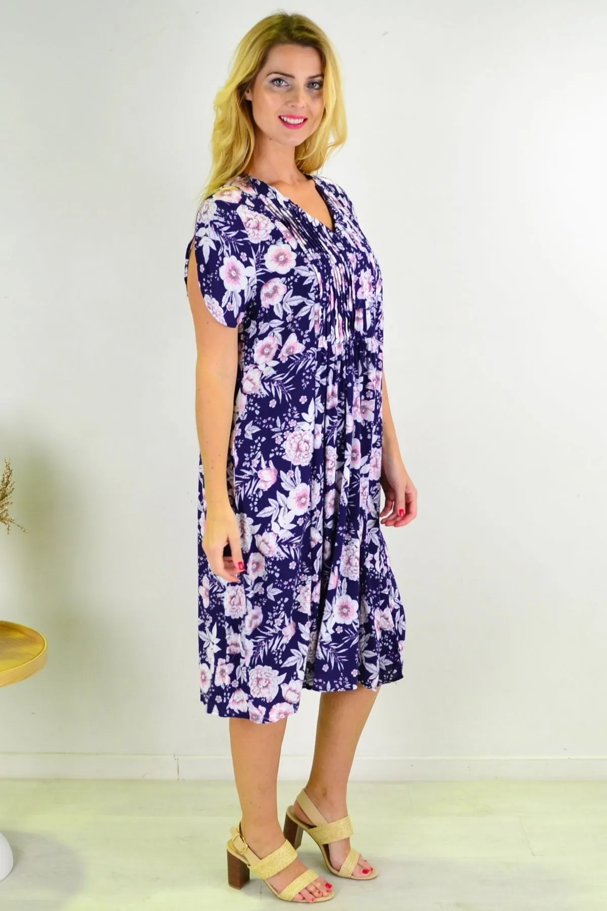 Deep Blue Carnation Flower Shift Dress Tunic