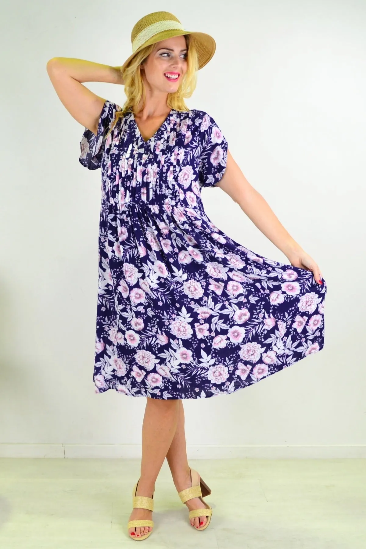 Deep Blue Carnation Flower Shift Dress Tunic