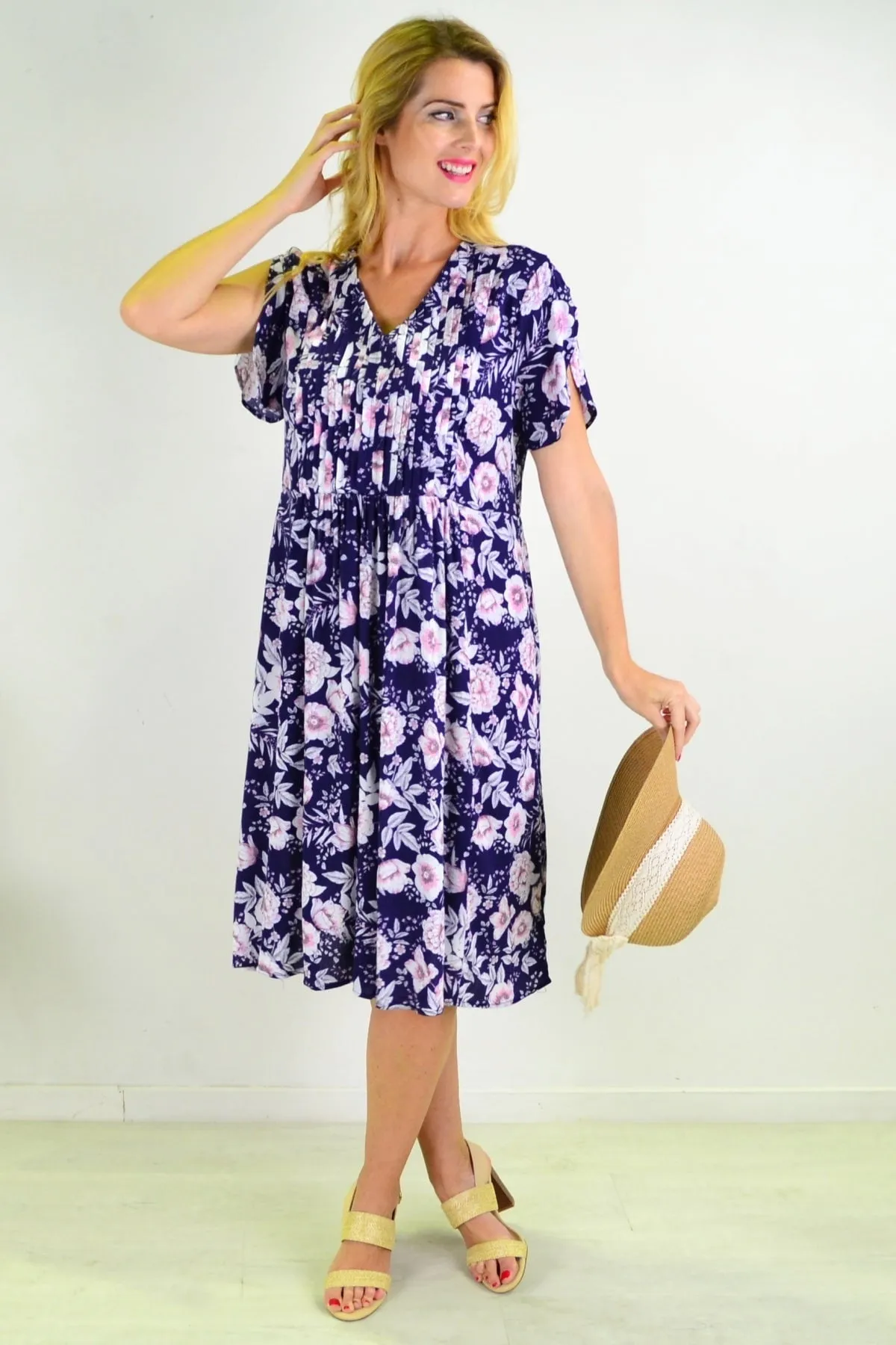 Deep Blue Carnation Flower Shift Dress Tunic
