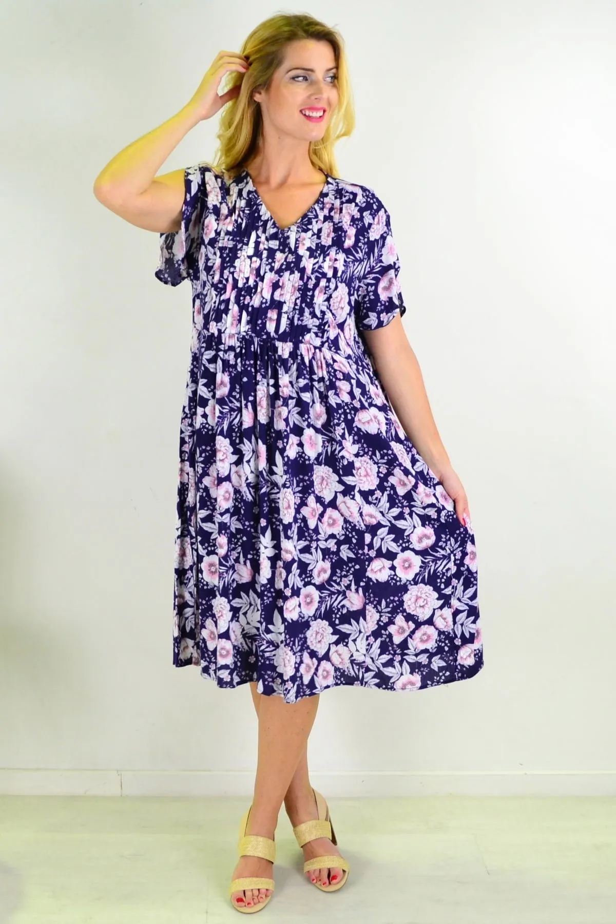 Deep Blue Carnation Flower Shift Dress Tunic