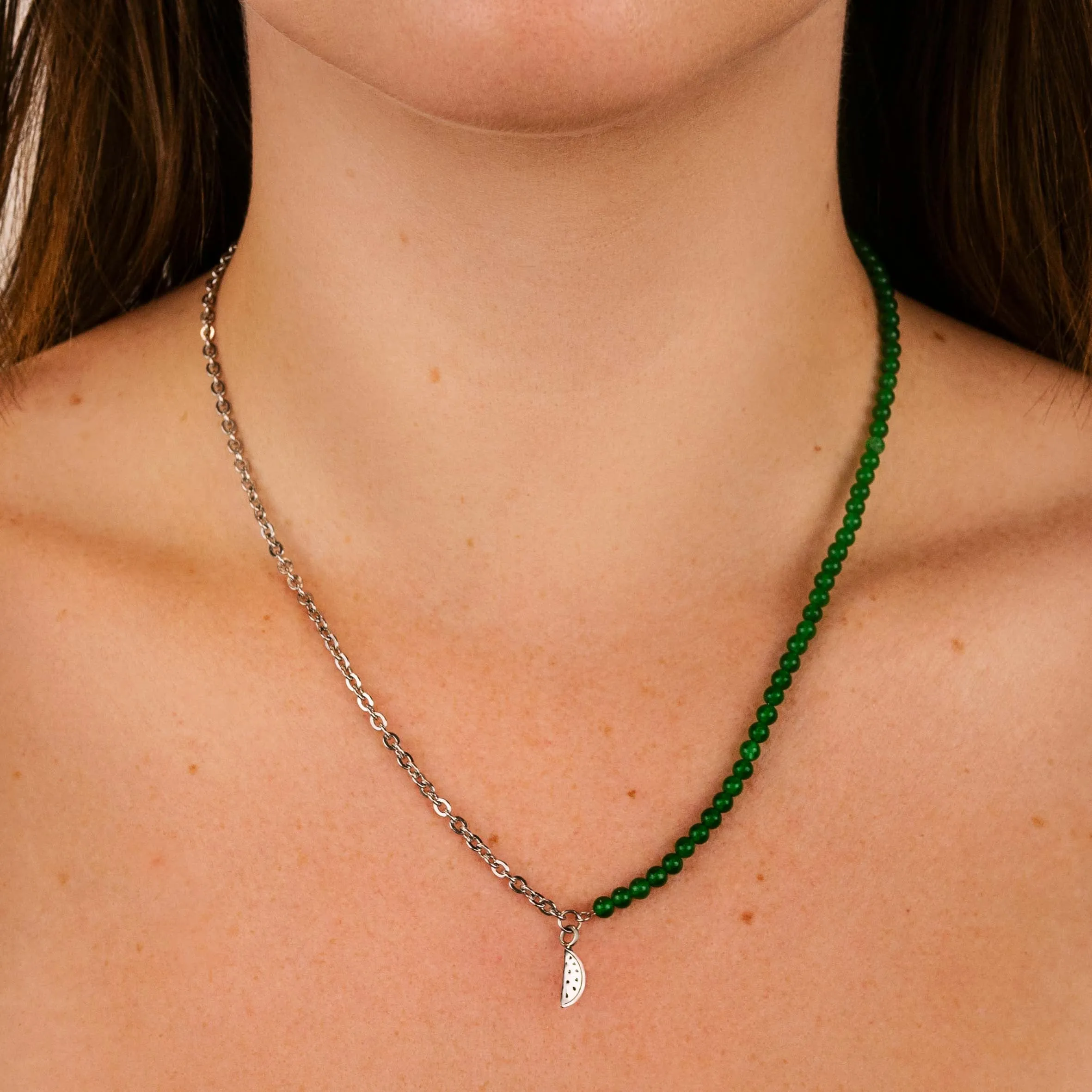 Essentielle Green Beads Watermelon Charm Necklace, Silver Colour