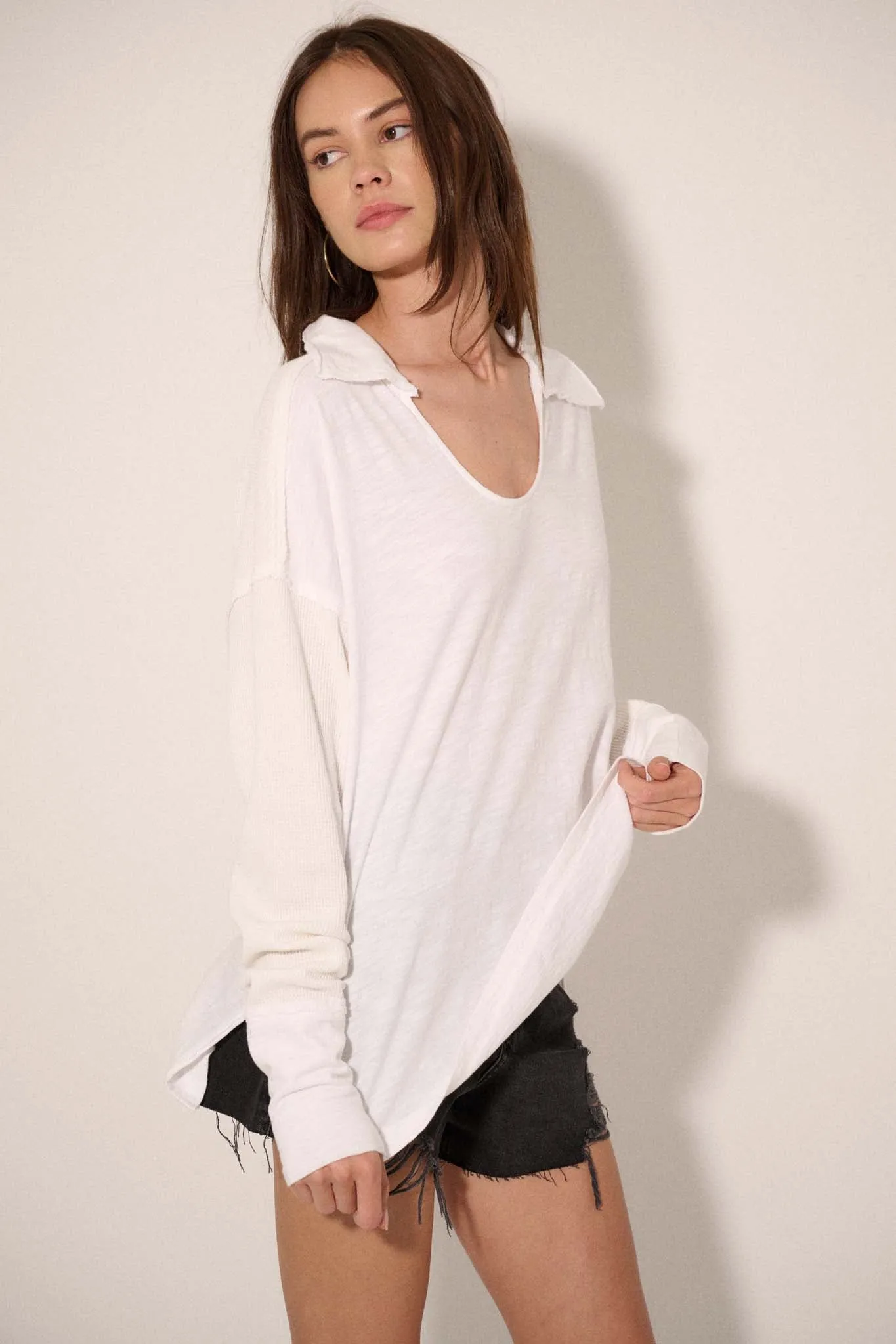 Free Your Mind Mixed Media Collared Waffle Top