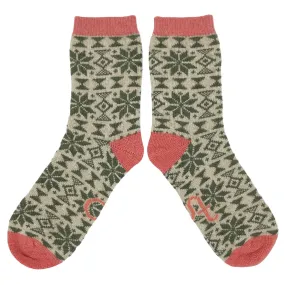 Ladies Green Fair Isle Lambswool Ankle Socks