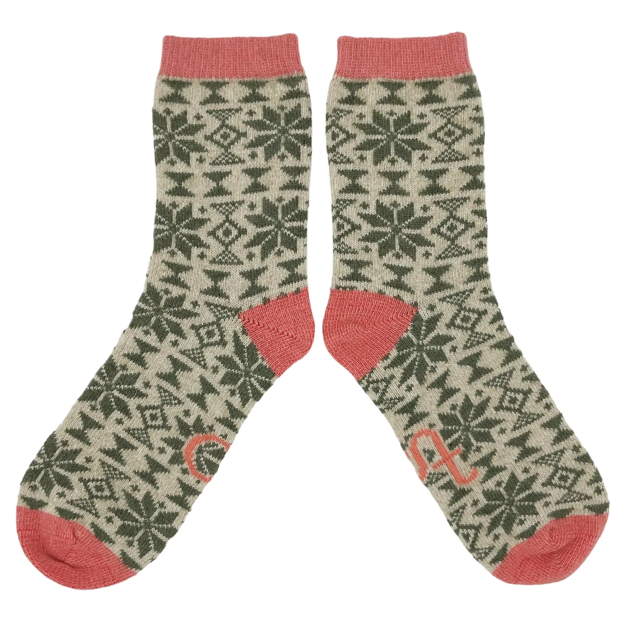 Ladies Green Fair Isle Lambswool Ankle Socks