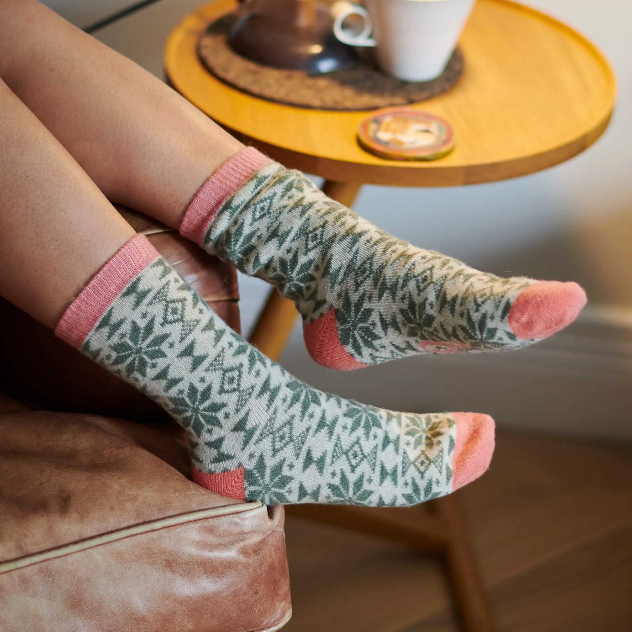 Ladies Green Fair Isle Lambswool Ankle Socks
