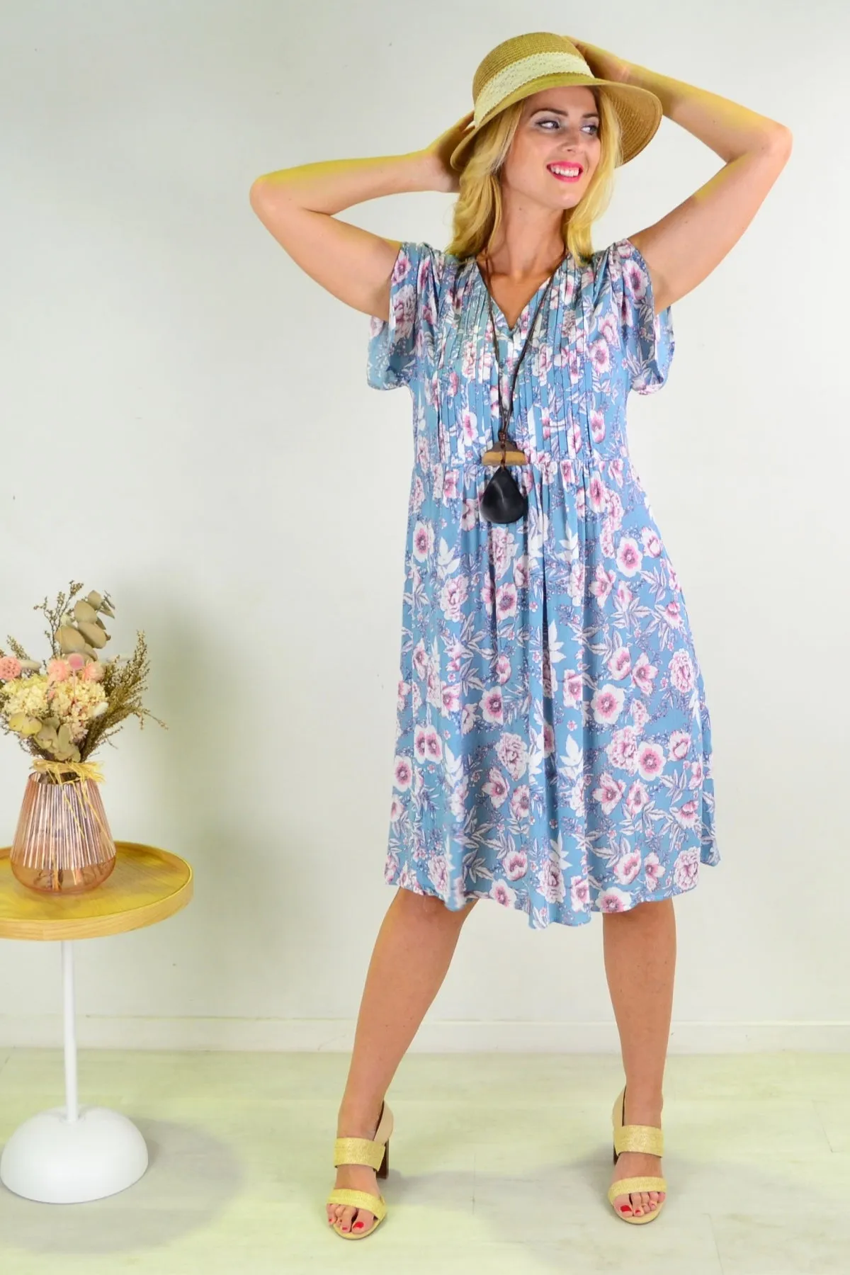 Light Blue Carnation flower Shift Dress Tunic