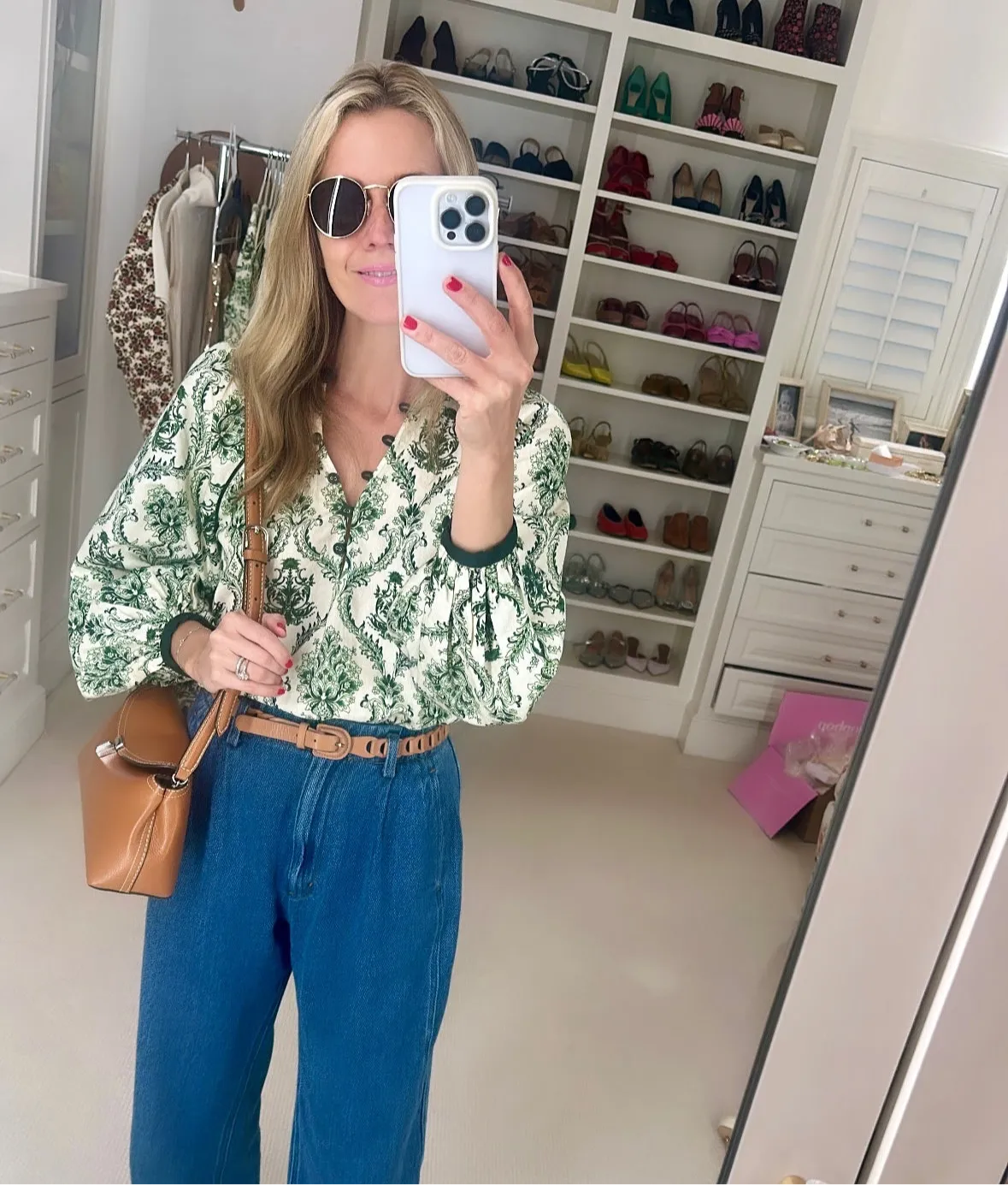 MASON'S DAUGHTER Blouse, Green and Ivory Trellis Print