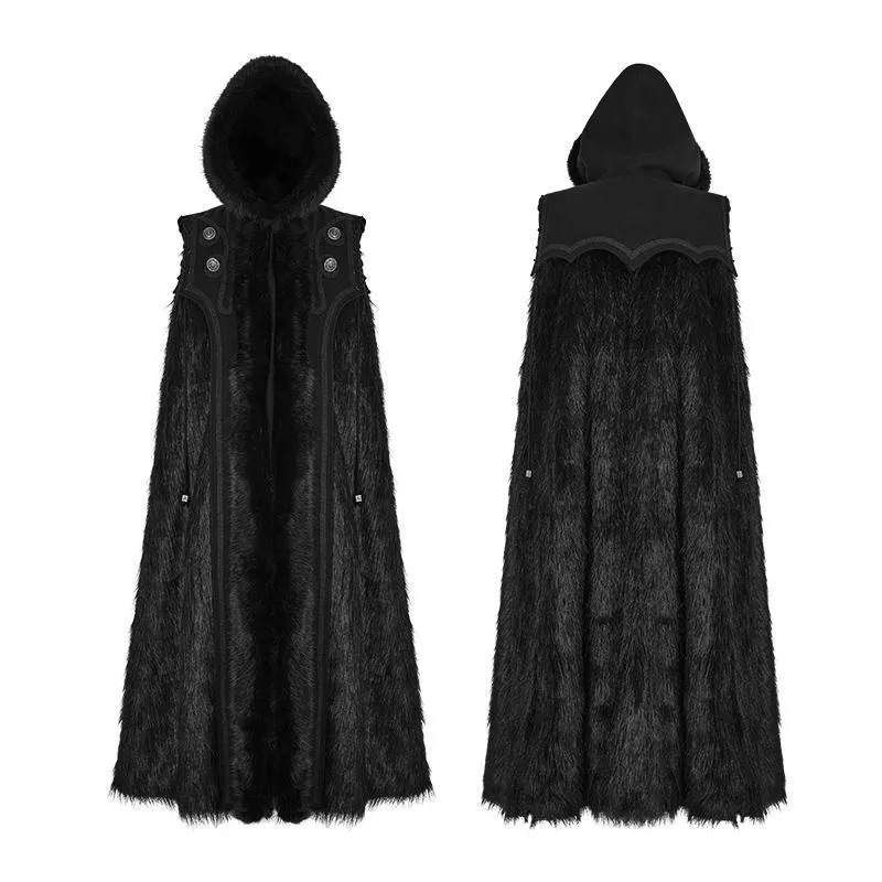 Men's Gothic Hooded Sleeveless Long Fur Cloak