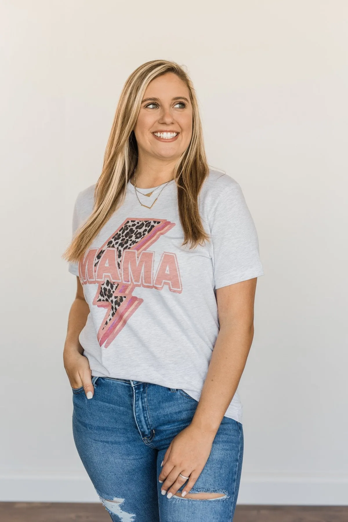 "Mama" Leopard Lightning Bolt Graphic Tee- Heather Grey