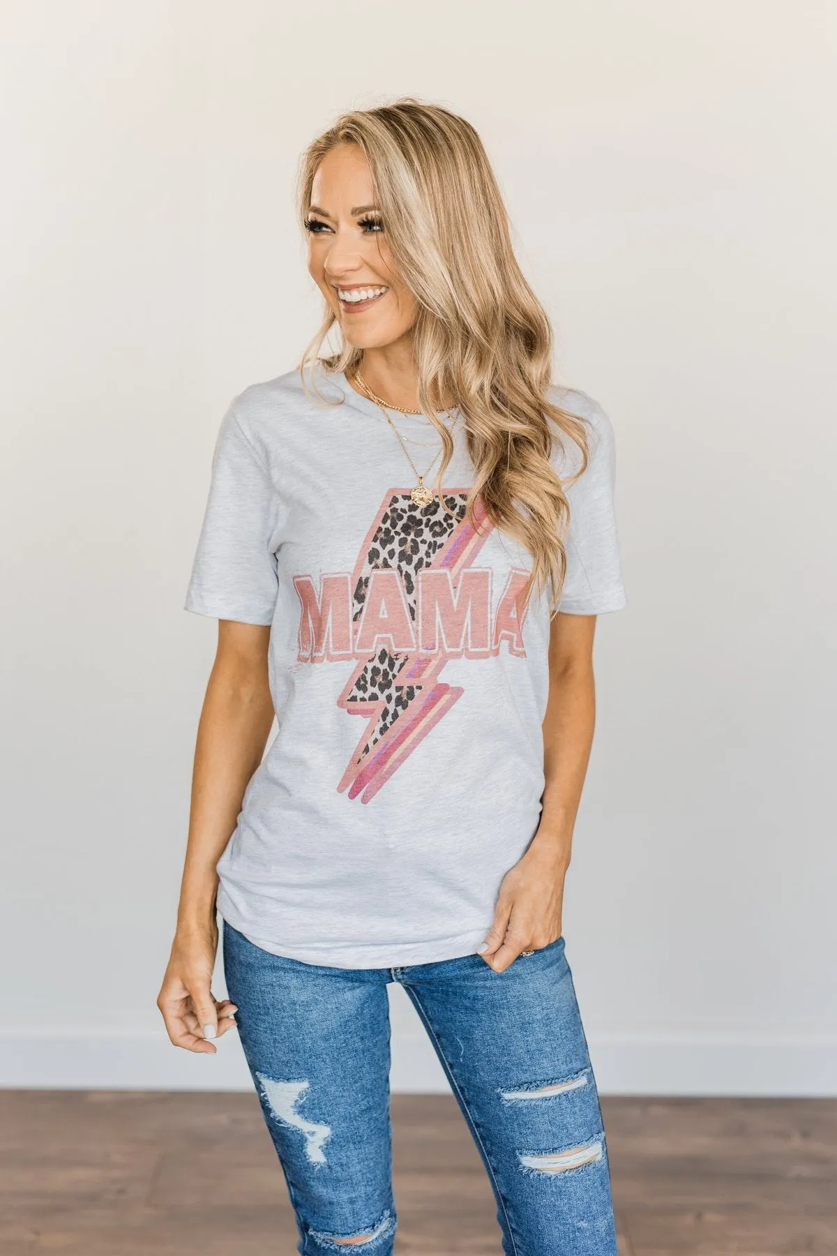 "Mama" Leopard Lightning Bolt Graphic Tee- Heather Grey