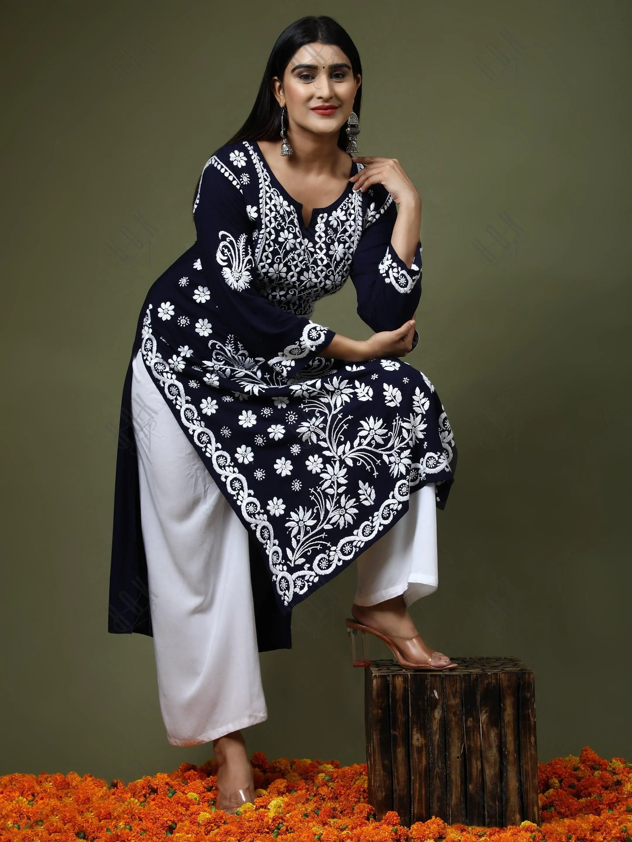 RIA IN HOK Chikankari Stylish Kurti Dark Blue