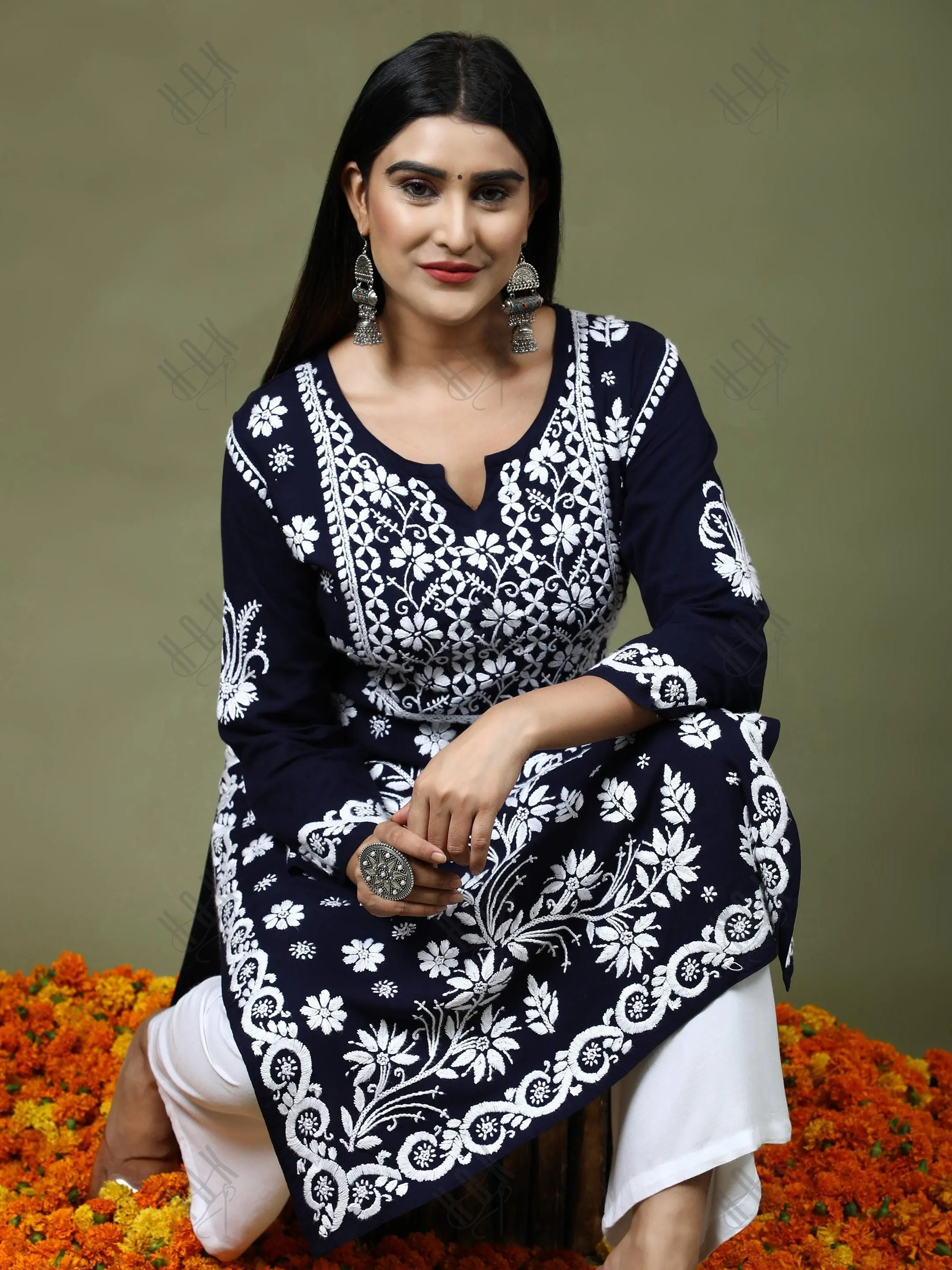 RIA IN HOK Chikankari Stylish Kurti Dark Blue