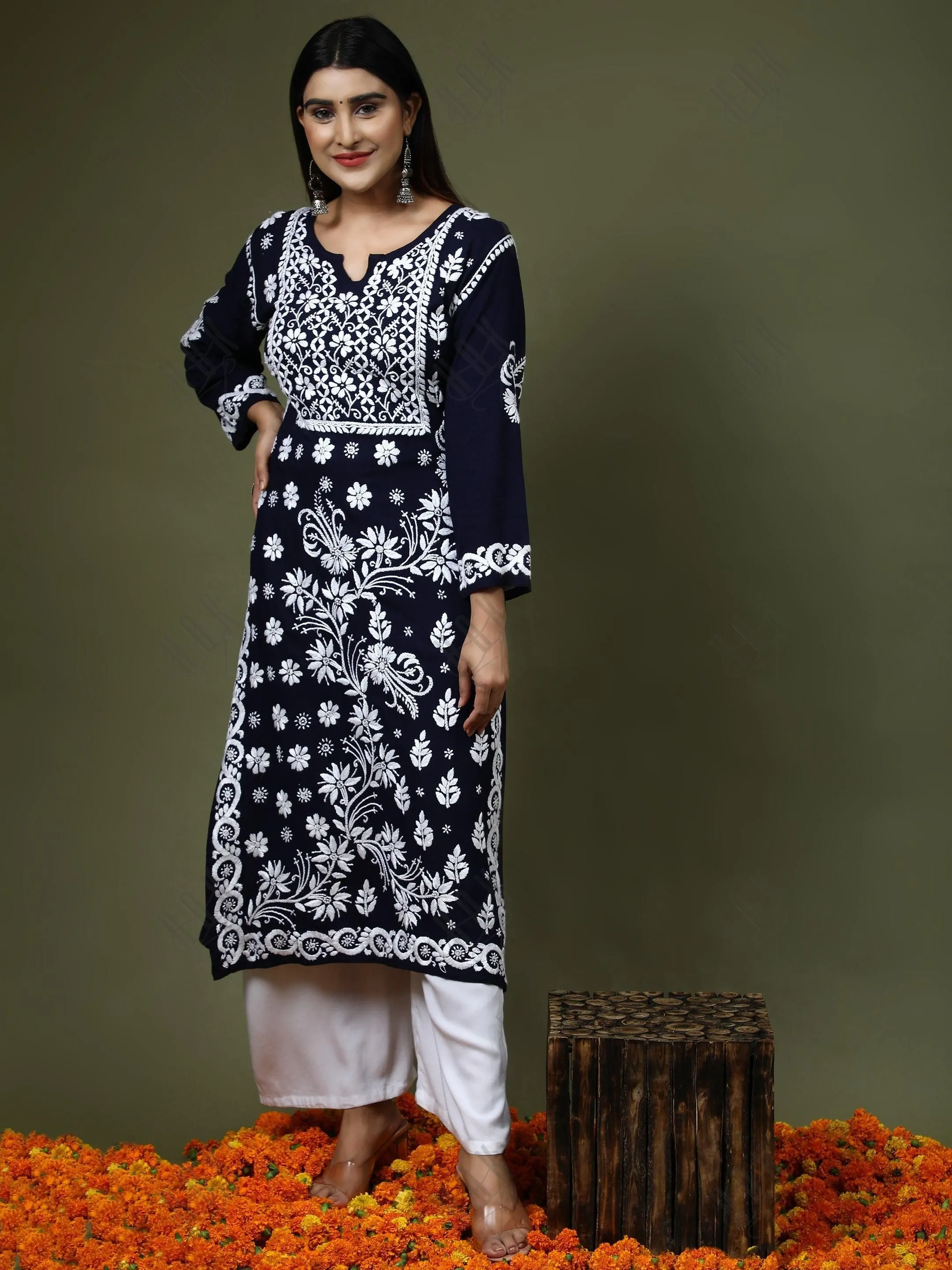 RIA IN HOK Chikankari Stylish Kurti Dark Blue