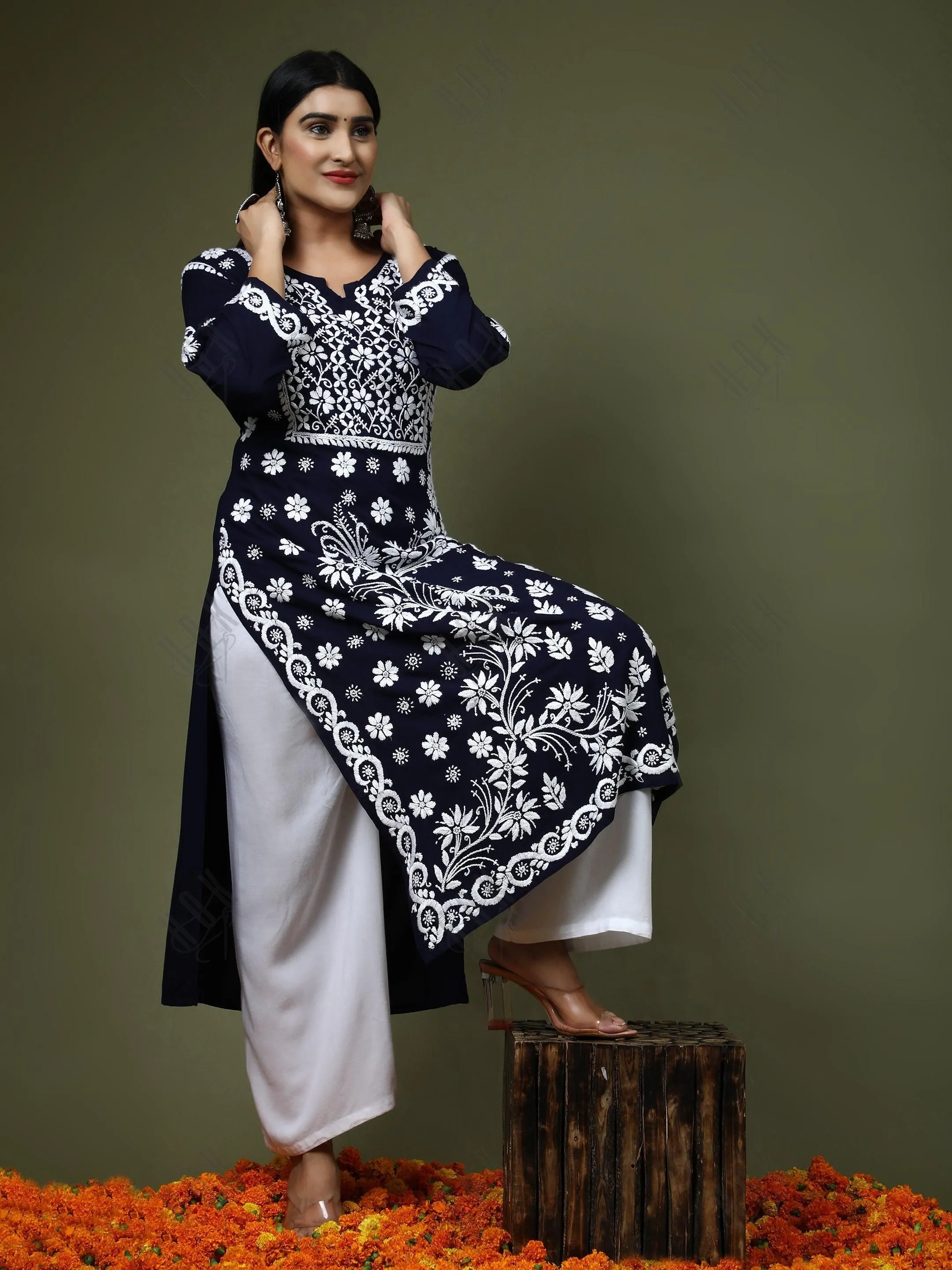 RIA IN HOK Chikankari Stylish Kurti Dark Blue