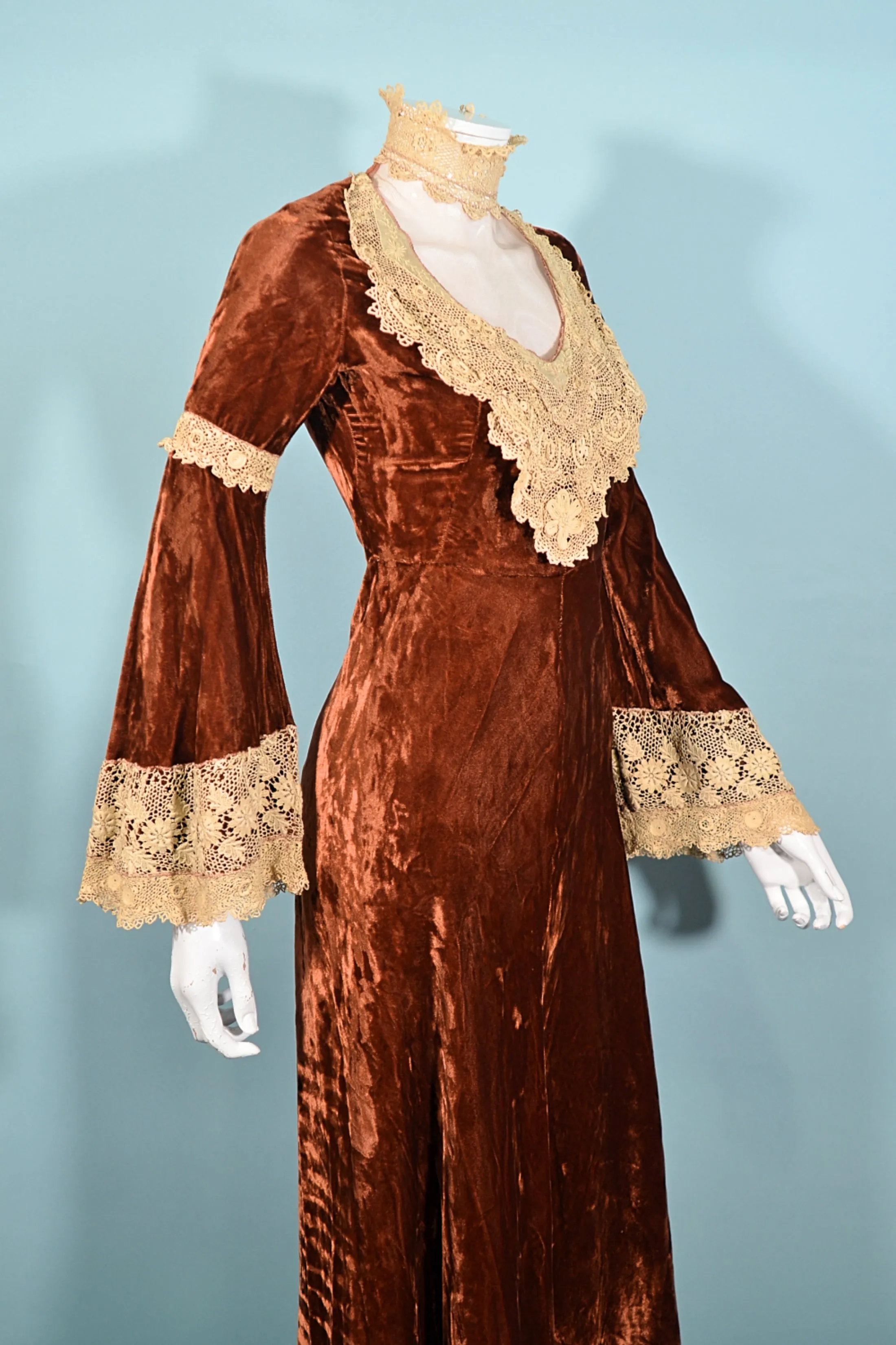 Velvet Victorian Maxi Dress, Rust Velvet Hand Crochet Lace, Gothic Romance Dress XS