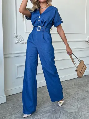 Women's Short Sleeve V-Neck Wide Leg Jumpsuit With Belt